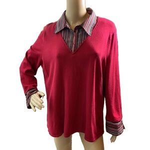 Croft & Barrow Womens Red Layered Look V Neck Pullover Top Sz 1X Preppy Academia